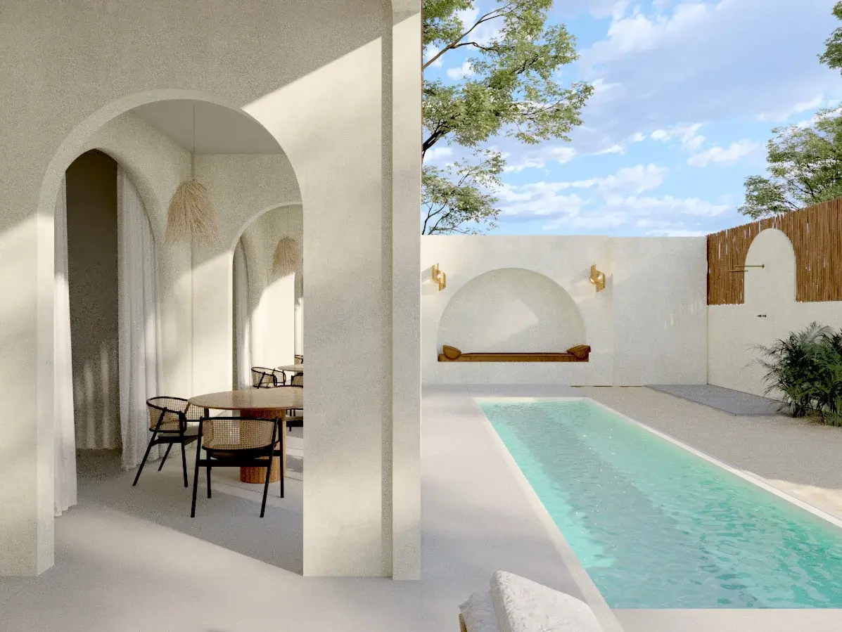 Central courtyard with seating and vegetation