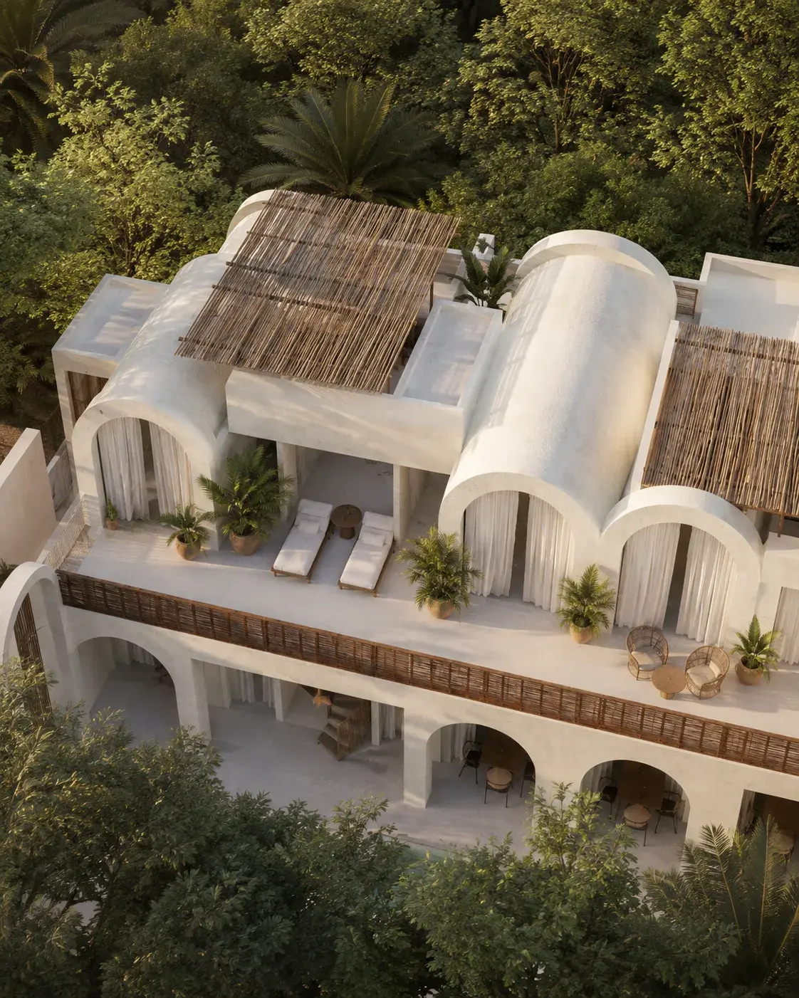 Aerial top-down view of the hotel terraces