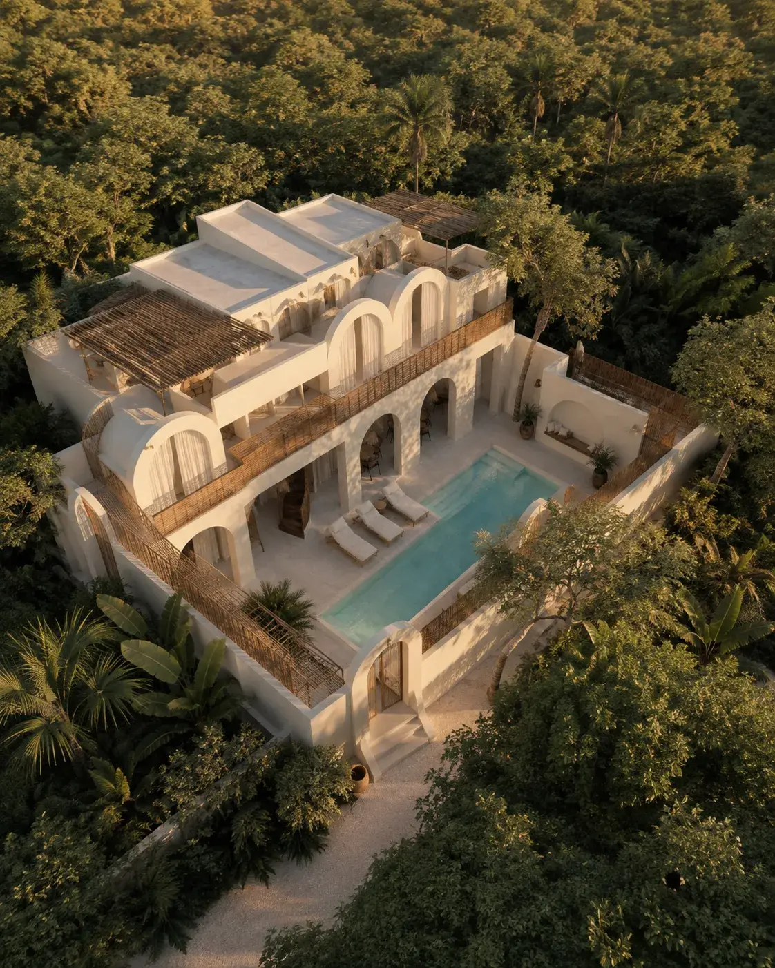 Aerial view of the full complex at sunset
