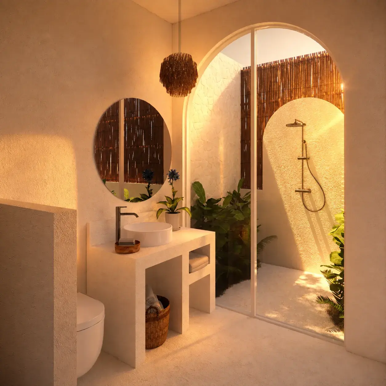 Bathroom with chukum finish and outdoor shower