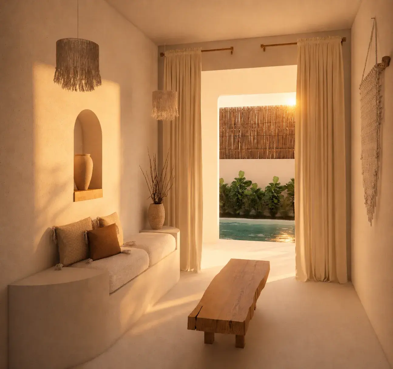 Living room bench facing the pool