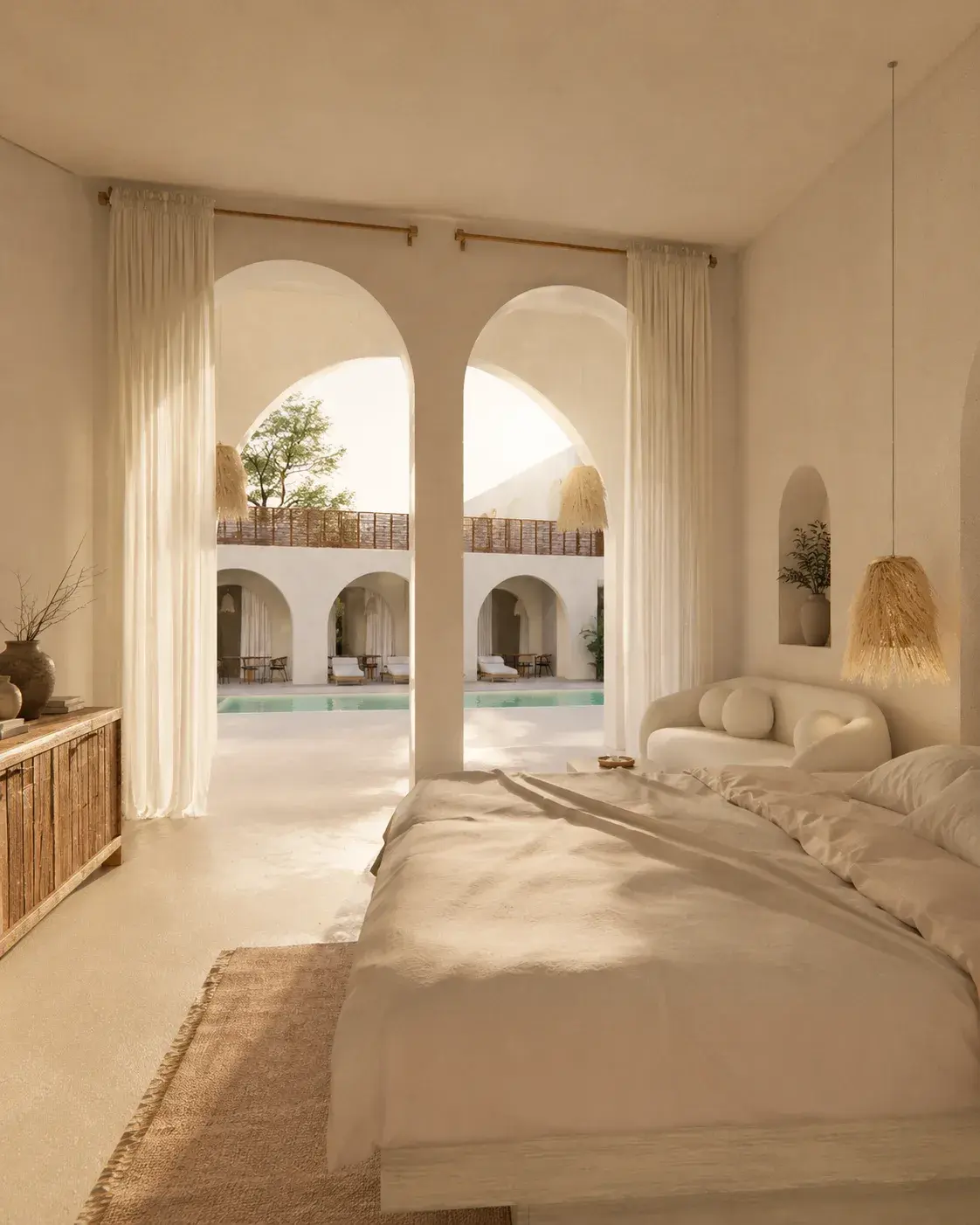 Living room opening toward the courtyard