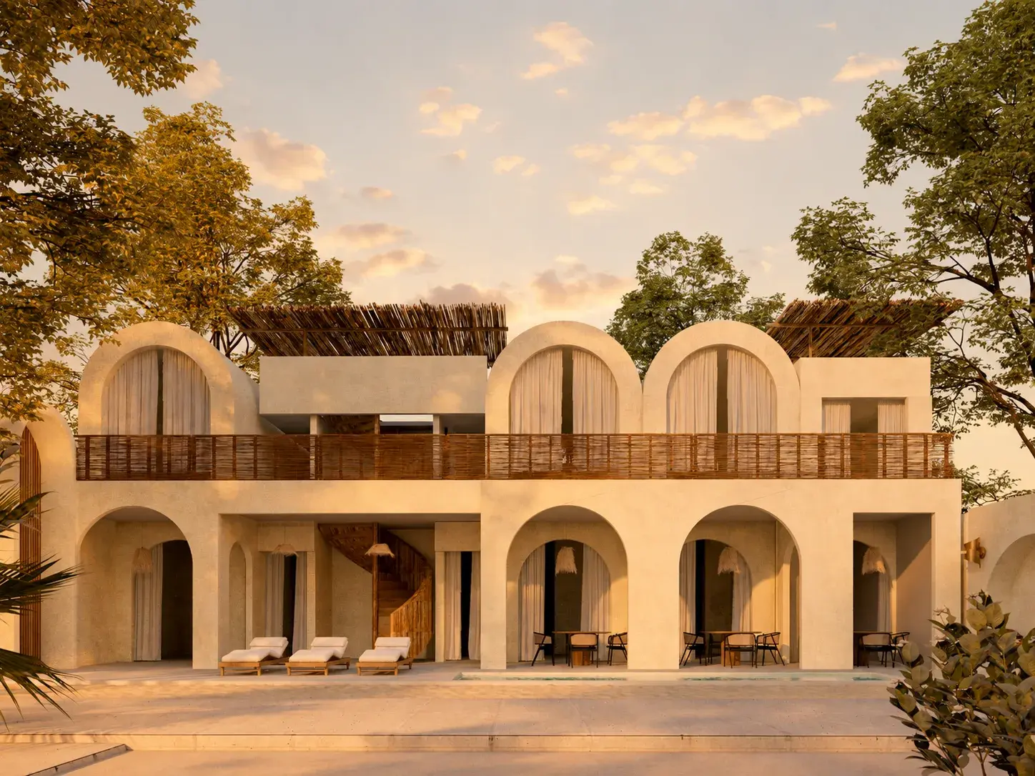 Facade and pool at sunset
