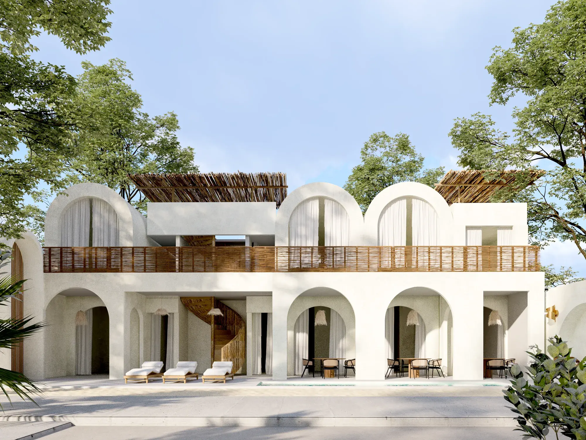 Manala Tulum facade with arched openings, terraces and pool