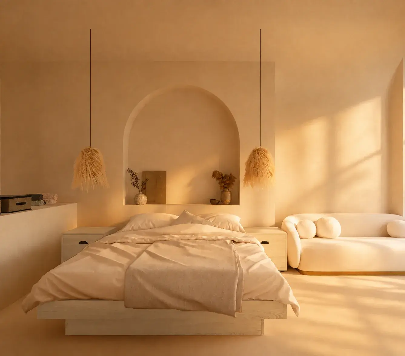 Bedroom interior at sunset
